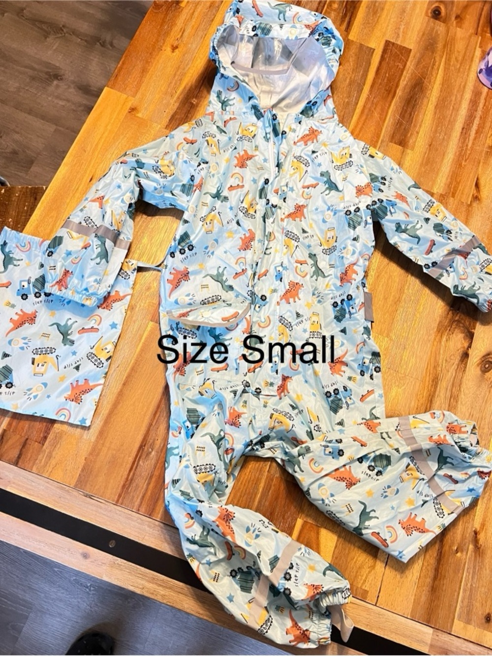Light Blue Dino & Vehicles Kids Rain Suit with Hood and pack bag